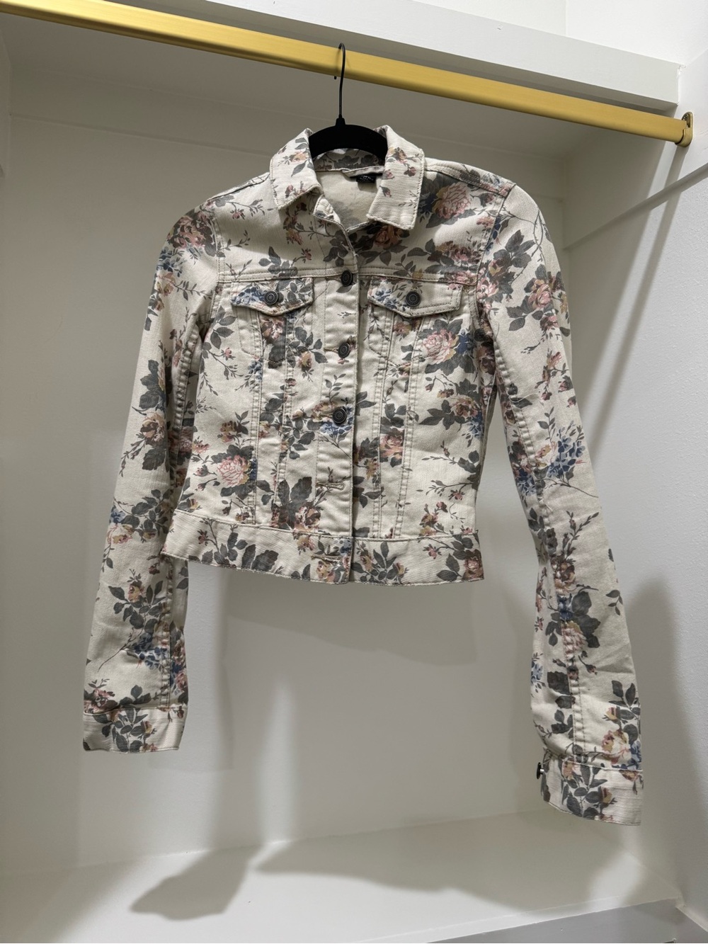 Rue21 Cream Floral Denim Jacket with Pink & Green Accents